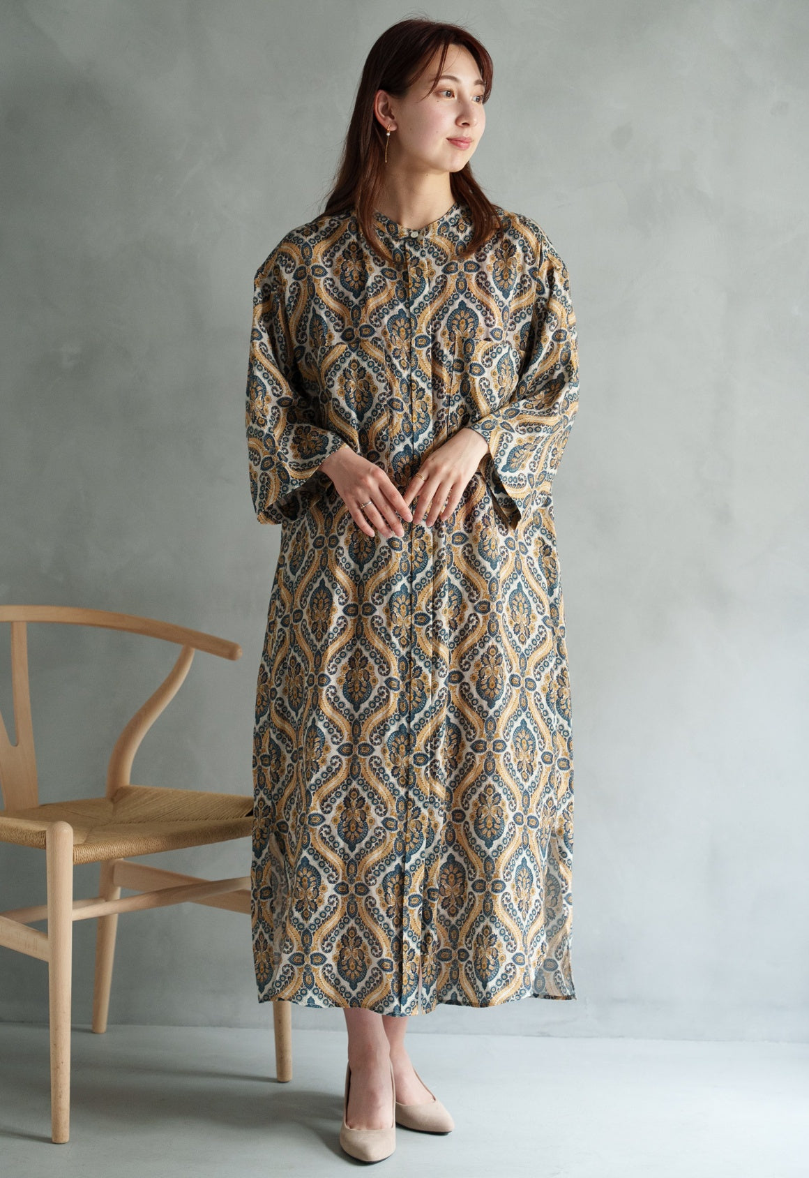 drawell LINEN PRINTED W POCKET SHIRT OP【BERGAMOT/DAMASK】