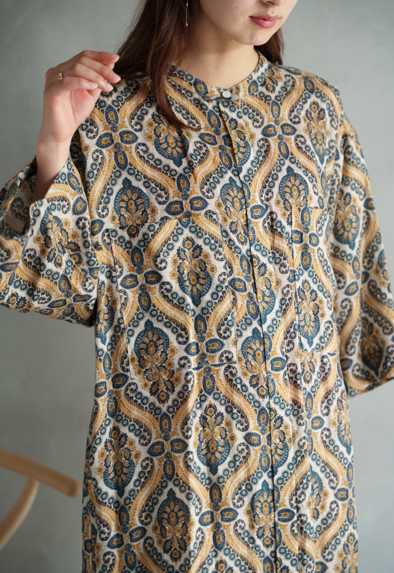 drawell LINEN PRINTED W POCKET SHIRT OP【BERGAMOT/DAMASK】