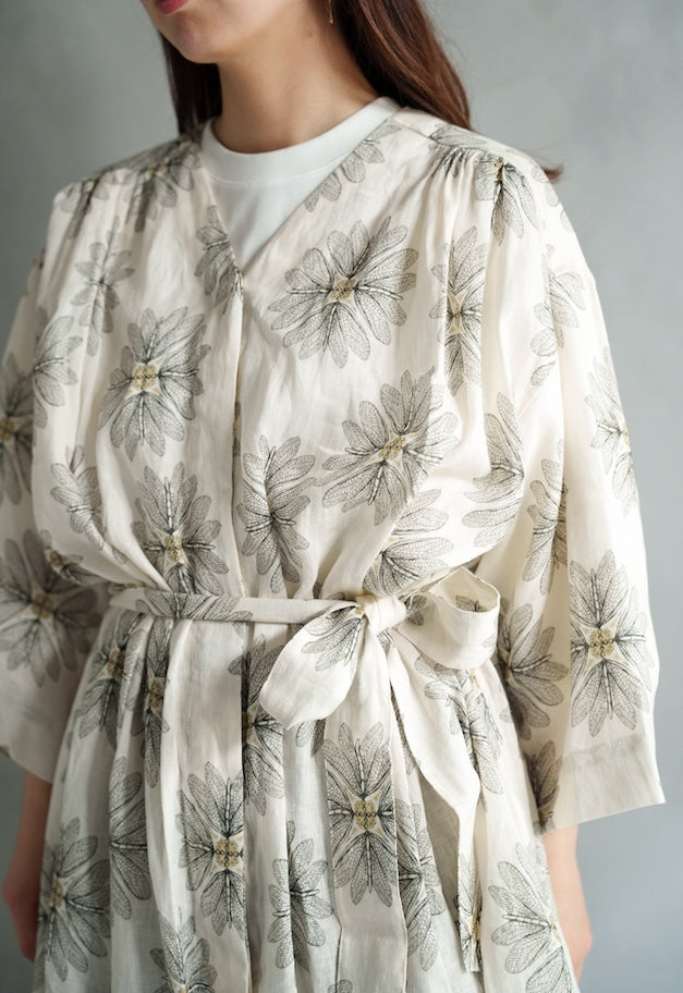 drawell LINEN PRINTED V-NECK GAZAR OP【BERGAMOT】