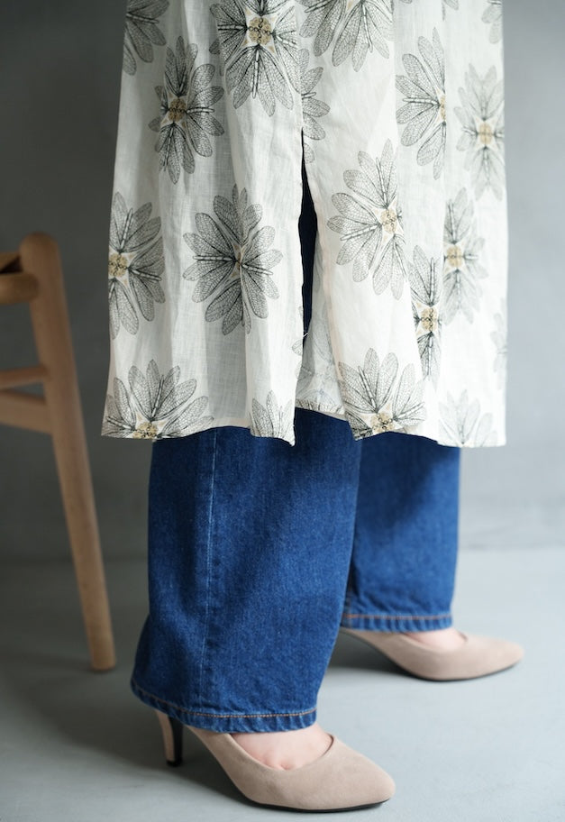 drawell LINEN PRINTED V-NECK GAZAR OP【BERGAMOT】