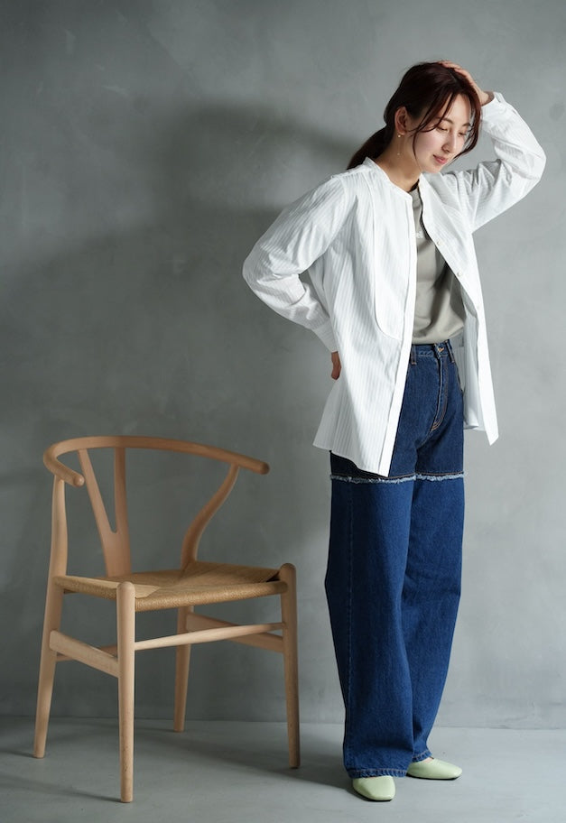 drawell DOBBY STRIPE BIB YOKE SHIRT【WHITE/SAX BLUE】