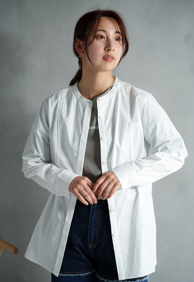 drawell DOBBY STRIPE BIB YOKE SHIRT【WHITE/SAX BLUE】