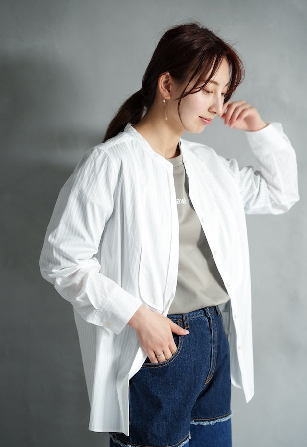 drawell DOBBY STRIPE BIB YOKE SHIRT【WHITE/SAX BLUE】