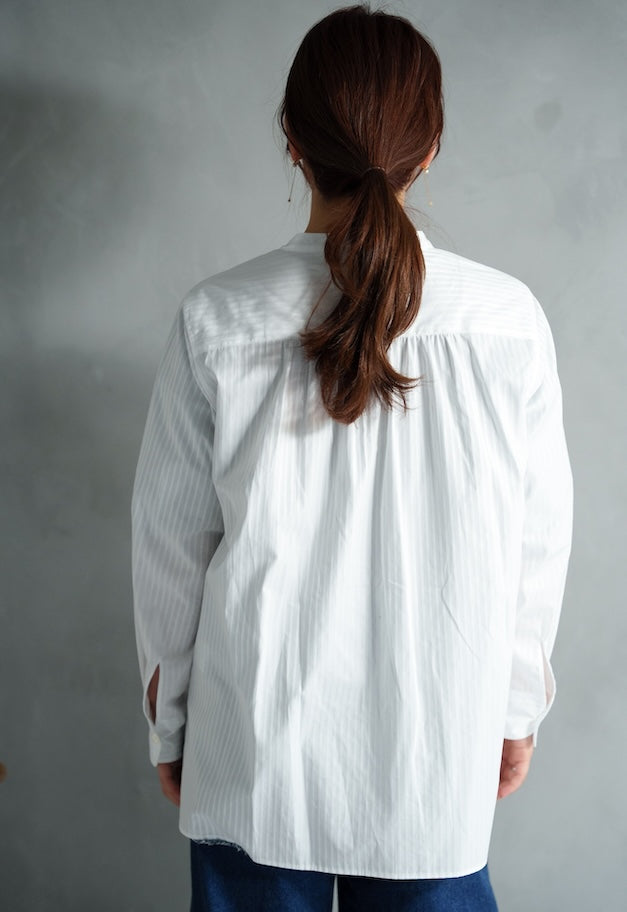 drawell DOBBY STRIPE BIB YOKE SHIRT【WHITE/SAX BLUE】