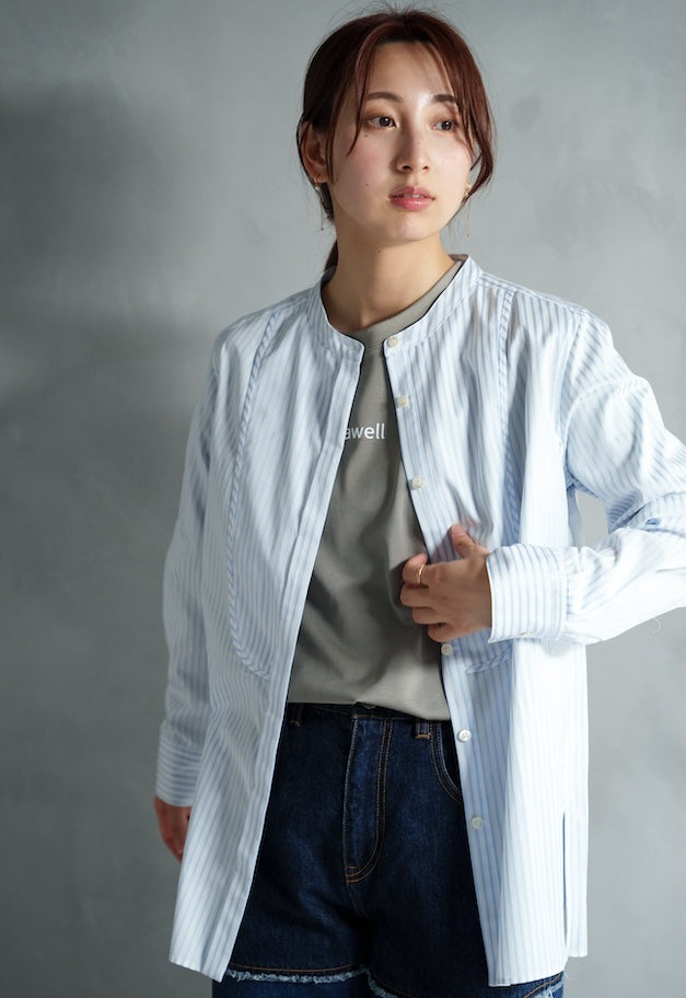 drawell DOBBY STRIPE BIB YOKE SHIRT【WHITE/SAX BLUE】