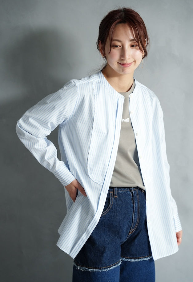 drawell DOBBY STRIPE BIB YOKE SHIRT【WHITE/SAX BLUE】