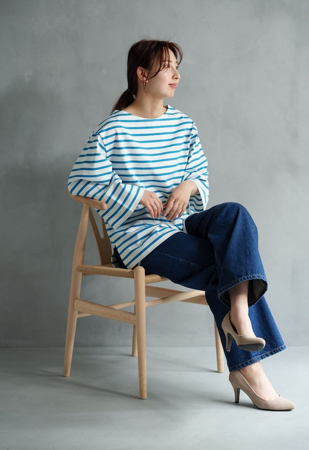 drawell GIZA COTTON WIDE SLEEVE BORDER【WHITE×TURQUOISE/WHITE×PINK/ECRUxBLACK】