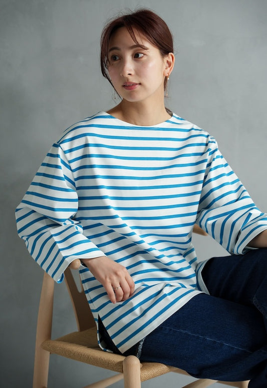 drawell GIZA COTTON WIDE SLEEVE BORDER【WHITE×TURQUOISE/WHITE×PINK/ECRUxBLACK】