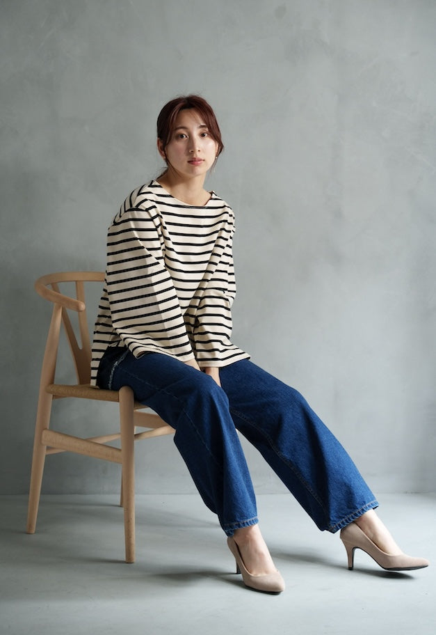 drawell GIZA COTTON WIDE SLEEVE BORDER【WHITE×TURQUOISE/WHITE×PINK/ECRUxBLACK】