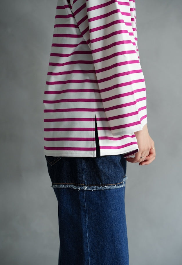 drawell GIZA COTTON WIDE SLEEVE BORDER【WHITE×TURQUOISE/WHITE×PINK/ECRUxBLACK】