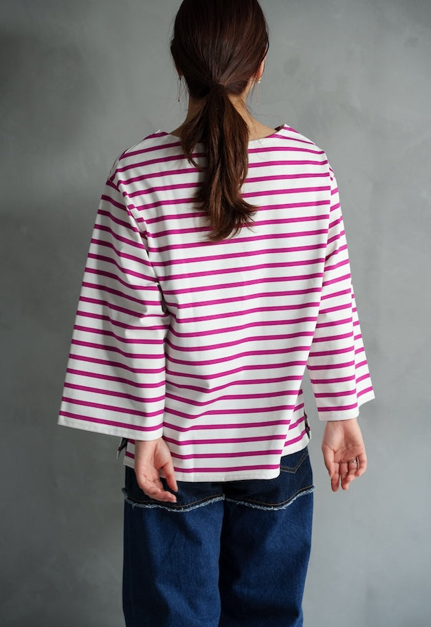 drawell GIZA COTTON WIDE SLEEVE BORDER【WHITE×TURQUOISE/WHITE×PINK/ECRUxBLACK】