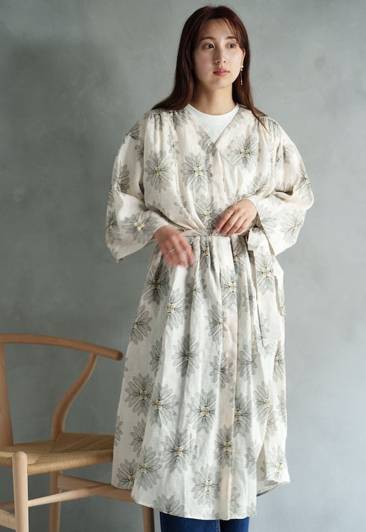 ◆[バイバック保証] drawell LINEN PRINTED V-NECK GAZAR OP【BERGAMOT】